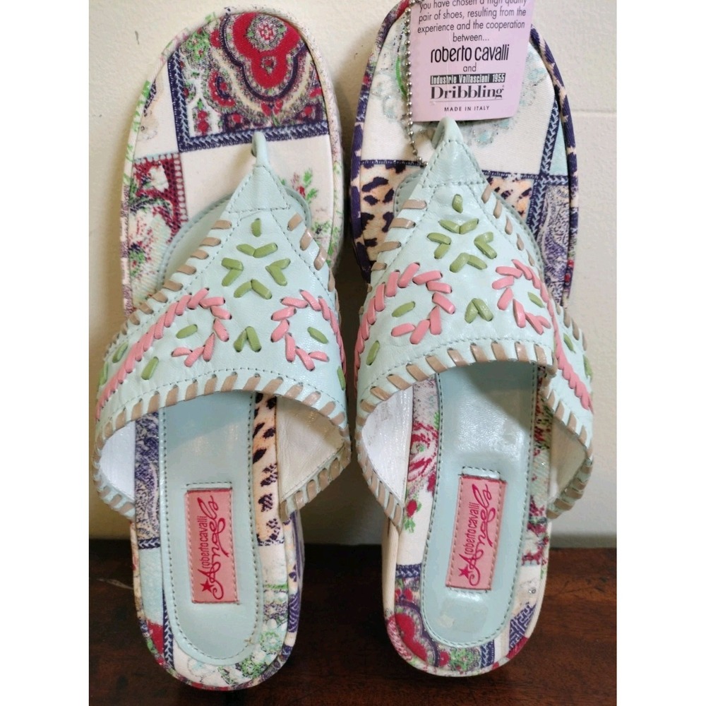 Vtg Roberto Cavalli Angels Dribbling Mixed Print Platform Wedge Sandals NWT 8.5